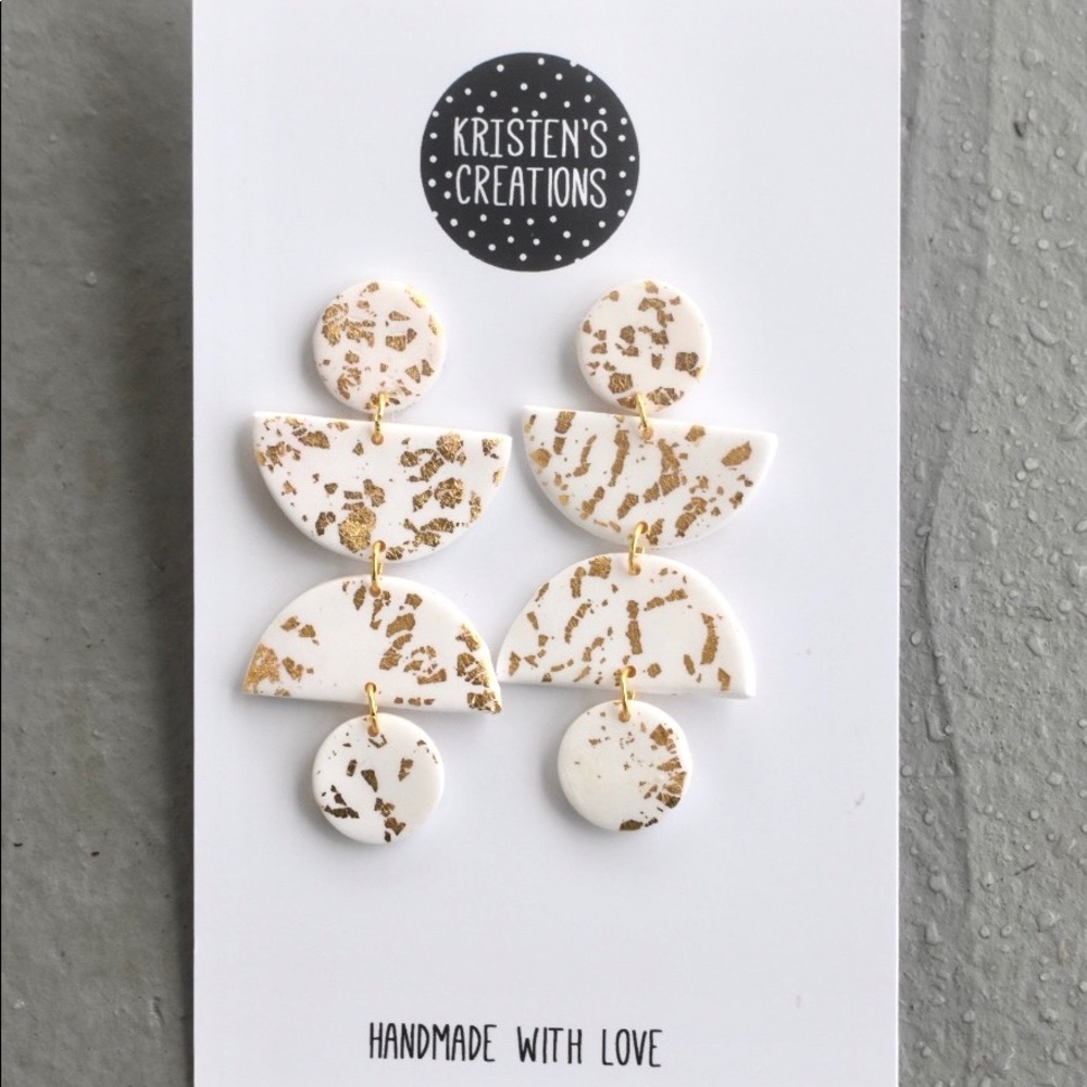 White and Gold Polymer Clay Statement Earrings